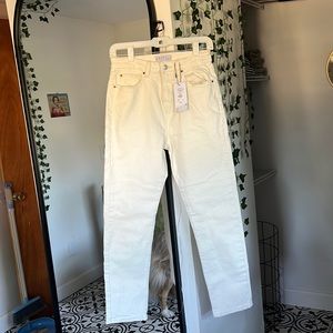 khaki colored slim straight high waisted jeans